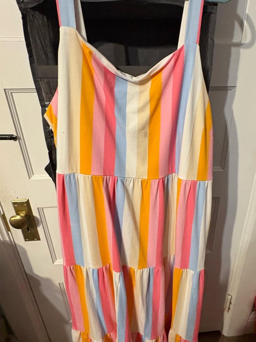 Versona Pink Yellow Blue Cream Striped Tiered Maxi Skirt